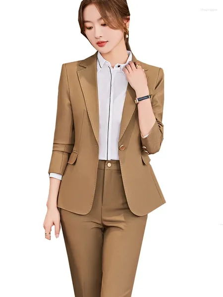 Damen Zweiteilige Hose Beige Khaki Schwarz Damen Hosenanzug Damen Business Arbeitskleidung Formal 2 Set Damen Blazer Jacke und Hose