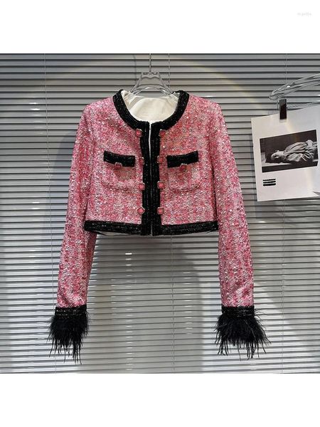 Damenjacken HIGH STREET Est 2023 Modedesignerjacke Straußenwolle Manschette Juwel Schnalle Tweed