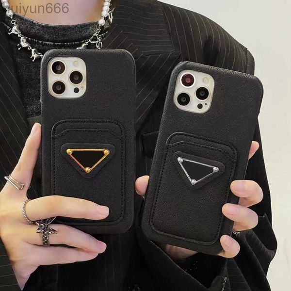 Casos de telefone de grife para iPhone 14 13 12 11 Pro Max 14Pro 14Plus Letra de luxo Design Back Shell Black Leather Holder Card-Mobile Casal Case
