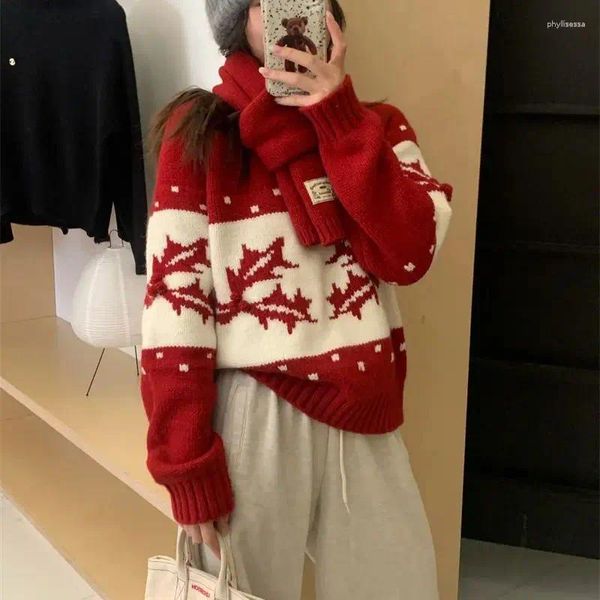 Suéteres femininos Hsa Inverno Coreano Natal Grosso Malha Retro Solta Bola de Lã Jacquard Suéter