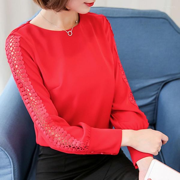 Camicette da donna Modis Hollow Out Top da donna e camicetta rossa con scollo a O in pizzo Camicie larghe da donna a nove quarti Taglie forti Blusa da donna rosa