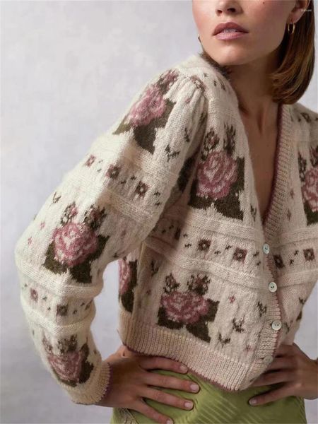Damenjacken Frauen Rose Blume Jacquard Wollmischung Pullover Strickwaren Herbst 2023 Dame V-Ausschnitt Einreiher Kurze Strickjacke Tops