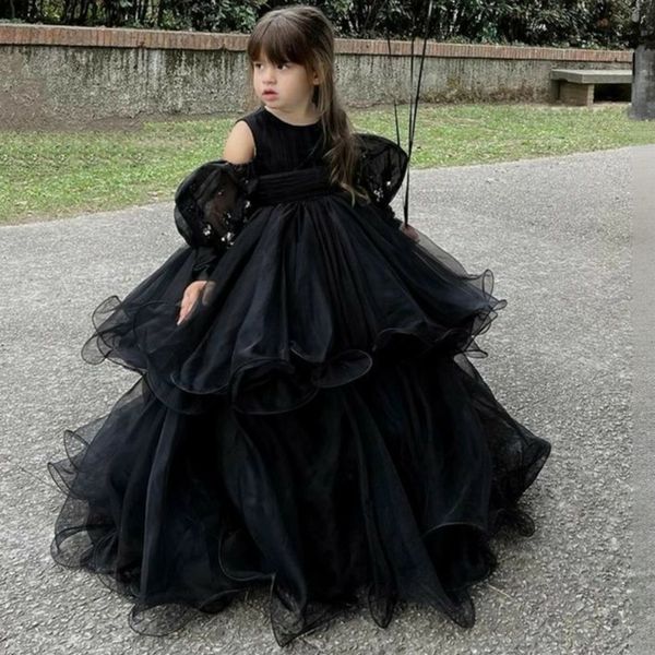 Элегантное праздничное платье для девочек, одежда, черное роскошное платье на первый день рождения, свадебные платья для девочек с цветочным узором, детский костюм, кружевное вечернее платье подружек невесты, оборками, кристаллами