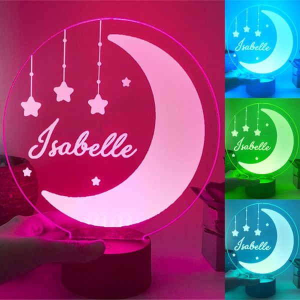Paralumi personalizzati Moon Star LED Night Light Insegna al neon colorata Nome del bambino personalizzato Tavolo 3D per la camera dei bambini Comodino Decor 230411