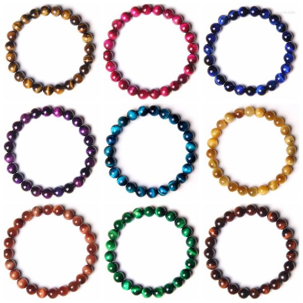 Strand Natürliche 8MM Runde Blau Gelb Grün Rot Tigerauge Perlenarmband Für Männer Frauen Homme Lady Lucky Brave Elastischer Schmuck