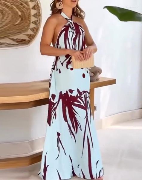 Abiti casual per le donne 2023 elegante vestito sexy senza maniche con scollo all'americana stampa tropicale senza schienale maxi abito per le vacanze estive
