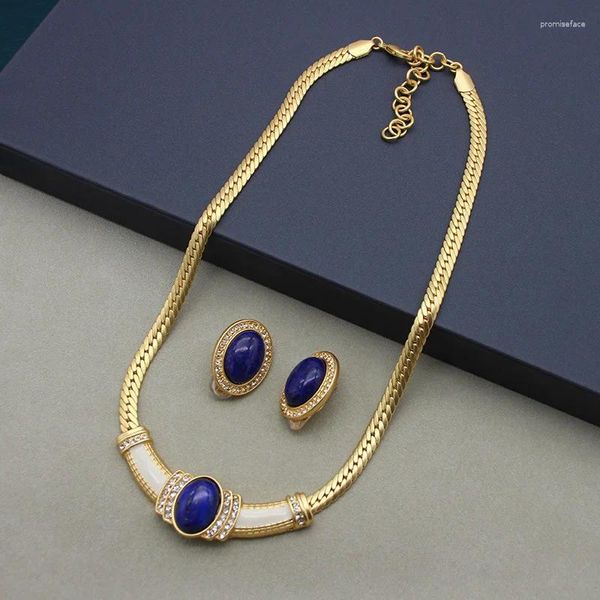 Choker Europäische und amerikanische Mode mittelalterliches ovales Lapislazuli-Anhänger-weißes Emaille-Halsketten-Ohrring-Set