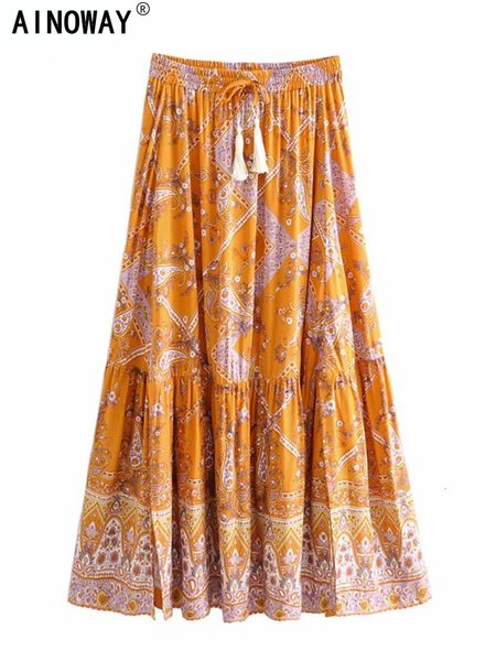 Röcke Vintage Mode Hippie Damen Orange Blumendruck Strand Bohemian Leder Hohe Elastische Taille Falten Bohemian Rayon Maxi Leder Damen 230412