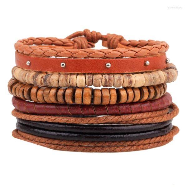 Strand 4/ 5pcs/ conjunto de pulseiras de couro marrom para homens palavras vintage palavras charme miçangas de madeira de madeira de pulseira de pulseiras étnicas presentes