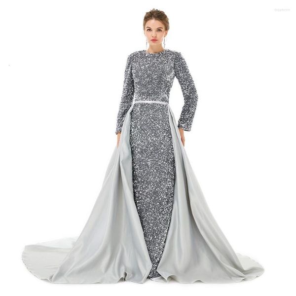 Partykleider Luxuriöses Abendkleid mit langen Ärmeln und Pailletten und abnehmbarem Zug, romantische O-Ausschnitt, Reißverschluss hinten, Abendkleider