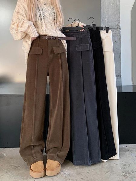 Calças femininas Houzhou veludo perna larga mulheres soltas cintura alta casual terno calças femininas outono inverno vintage coreano streetwear