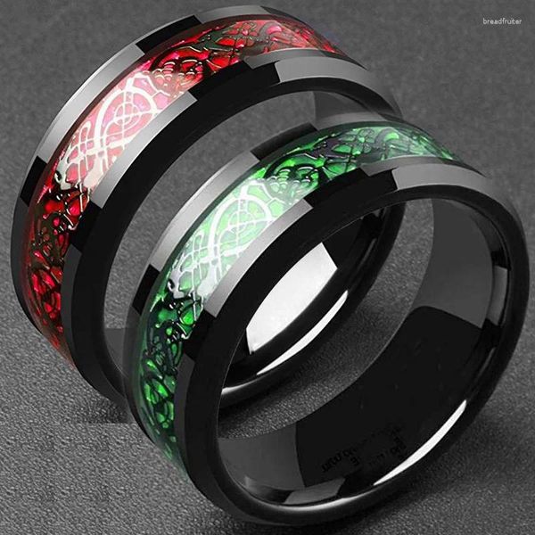 Anéis de cluster Titanium Aço Dragão Anel Vermelho Verde Fibra de Carbono Preto Inlay Conforto Fit para Homens Banda de Casamento Moda Jóias Presente