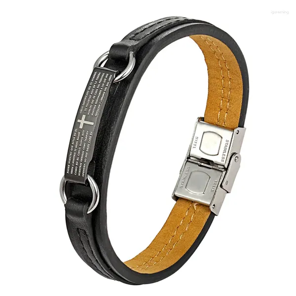 Link Armbänder 2023 Mode Echtes Leder Armband Männer Braun Schwarz Seil Kette Edelstahl Damen Punk Schmuck Cooles Geschenk Pulseira