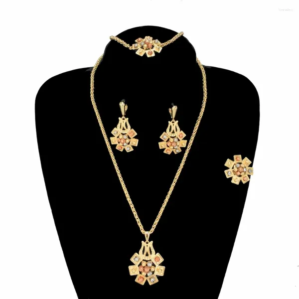 Colar brincos conjunto 4 pçs/set na moda corrente dubai banhado a ouro pingente colares para mulheres bolas coloridas flor jóias completas fhk16098