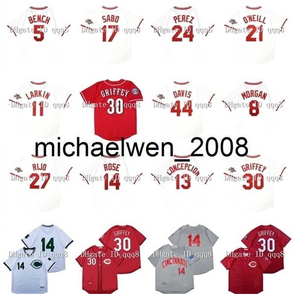 Camisa de beisebol vintage 1990 30 Ken Griffey Jr. 44 Eric Davis 8 Joe Morgan 11 Barry Larkin 14 Pete Rose 5 Johnny Bench 27 Jose