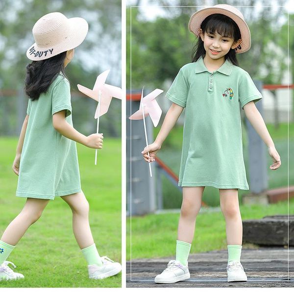 Vestidos de menina vestido infantil de cor sólida cor bordada de desenho animado garotas estilo colégio algodão pequeno lapela infantil roupas casuais