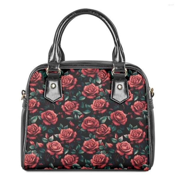 Abendtaschen Mode Rote Rose Blatt Muster Frauen Tragbare Schulter Diagonal Tasche Lässige Weibliche Top-Griff Leichte PU Messenger Sac