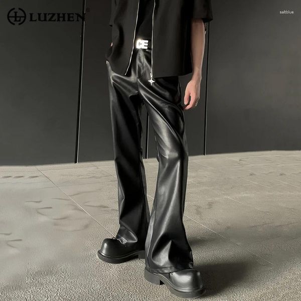 Calças masculinas luzhen na moda pu couro casual nicho design streetwear moda perna larga versátil calças 2023 outono 8e841b