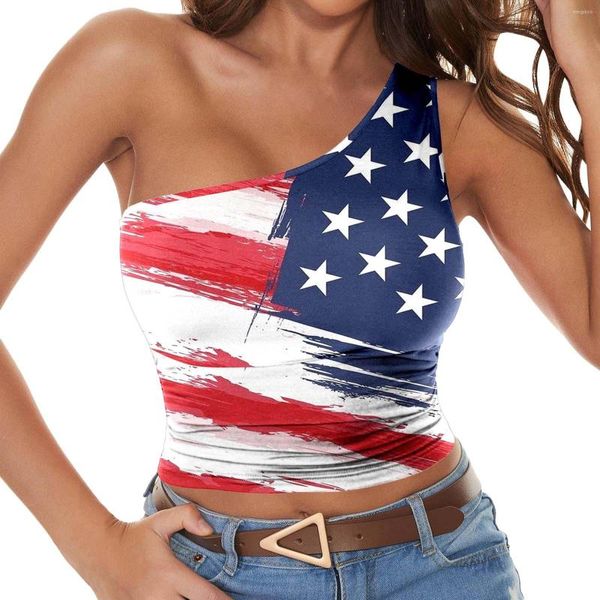 Tanques femininos EUA American Flag 3D Imprimir tanque sexy Tops Mulheres Um ombro fora da camisola Man sem mangas Mulher Y2K Roupas de rua