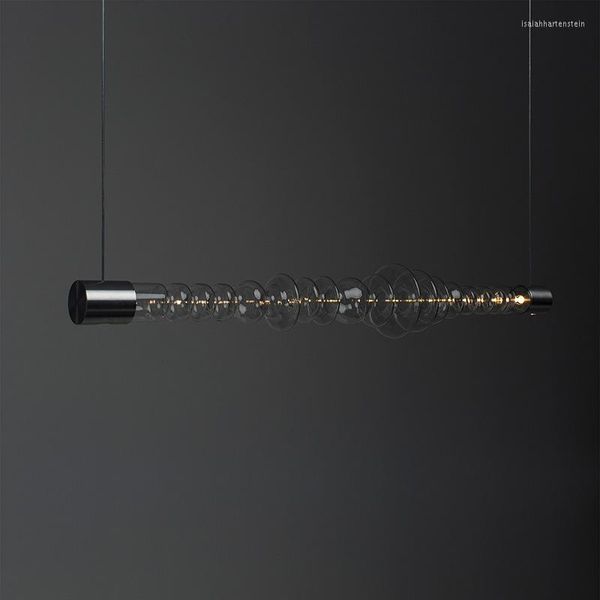Kolye lambaları Postmodern minimalist uzun yemek masası lambası LED sıcak beyaz karartma şeffaf cam tasarım kişilik ışık fikstürü