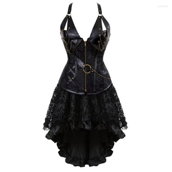 Bustiers Korsetts Frauen Gothic Steampunk Korsett Kleid Piratenkostüm PU Leder Bustier Dessous Top mit asymmetrischem Blumenspitzenrock Set