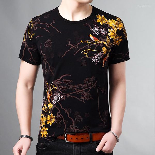 Männer T-shirts YXL62-5886 Tinte Vögel Muster Druck Boutique Kurzarm Shirt Sommer 2023 Top Qualität Baumwolle Mode Luxus Männer