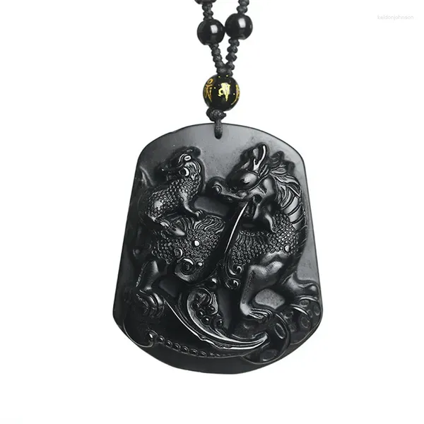 Pingente colares gota natural preto obsidian qilin trazer feliz bebê sorte colar cura reiki presente energia cristal jóias