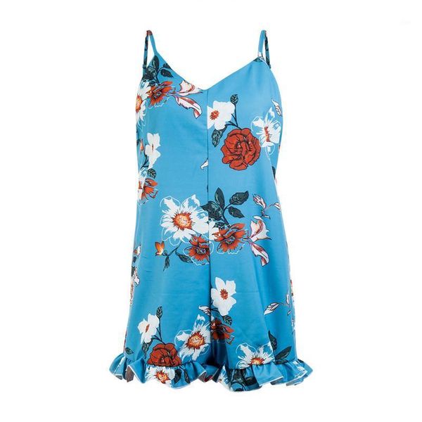 Tute da donna Mini tuta floreale da vacanza da donna Tuta da donna sexy di colore blu Moda estiva senza maniche con spalline in stoffa da spiaggia