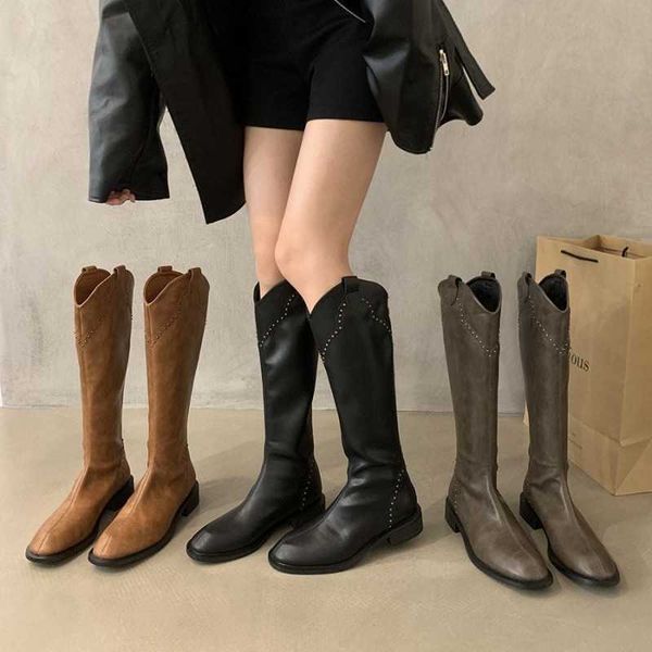 Stivali invernali Tacco spesso Marrone Bocca a V Manica media Scarpe lunghe da donna Nuovo Autunno Inverno Dritto Cavaliere versatile