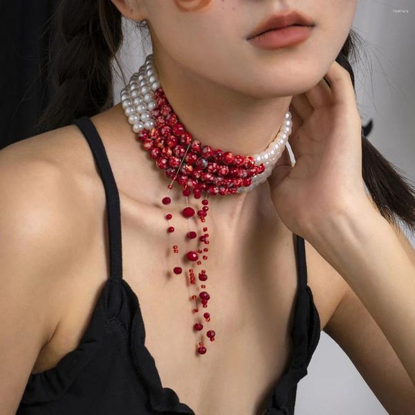Catene Collana di perle gotiche Girocollo Pendente creativo con nappa e clavicola con goccia di sangue di Halloween