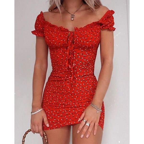 Zweiteiliges Kleid für Damen, Sommer, florales Wickelkleid, schulterfrei, zum Binden vorne, Rüschen, Mini-Büro-Dame, Slash-Ausschnitt, bedruckter Bleistift 230412