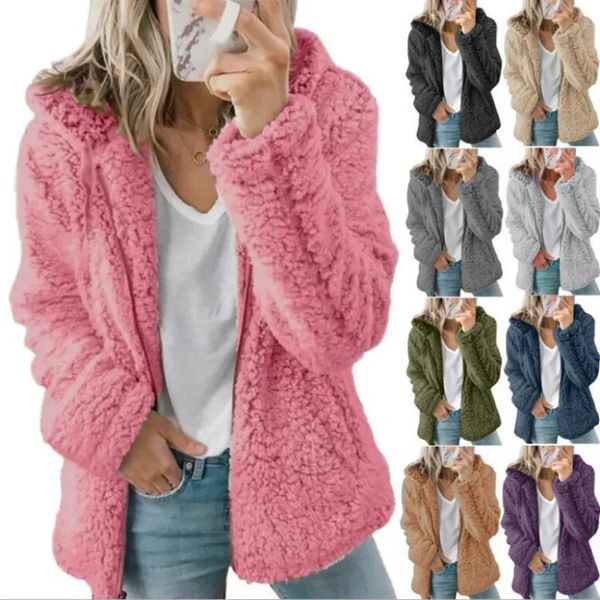 Cappotto di lana da donna in misto lana con cerniera Cappotto di lana con cappuccio da donna Giacche in pile solido Cashmere Cappotti larghi a maniche lunghe Giacca invernale da donna moda femminile 231110