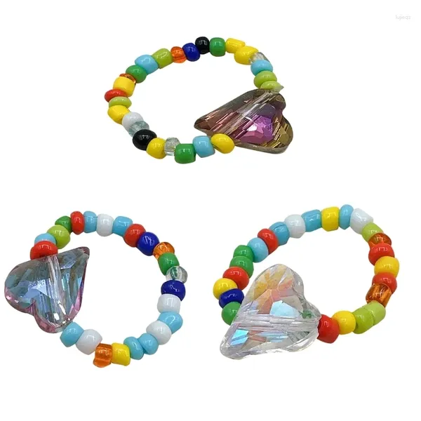 Anelli a grappolo Anello con perline a forma di cuore Realizzato a mano, gioielli elasticizzati colorati per feste, regalo impilabile per donne e ragazze