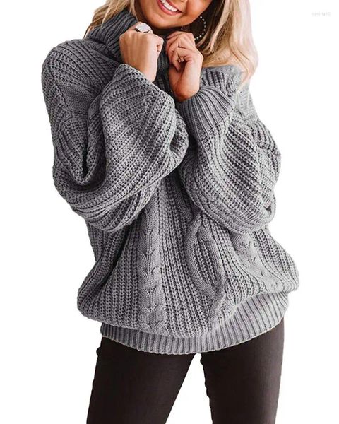 Suéter feminino plus size gola alta pulôveres manga lanterna gola redonda malha solta tops
