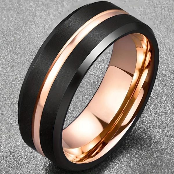 Cluster Ringe Mode Rose Gold Farbe Edelstahl für Männer Schwarz gebürstet abgeschrägte Kante Verlobung Hochzeit Band Schmuck