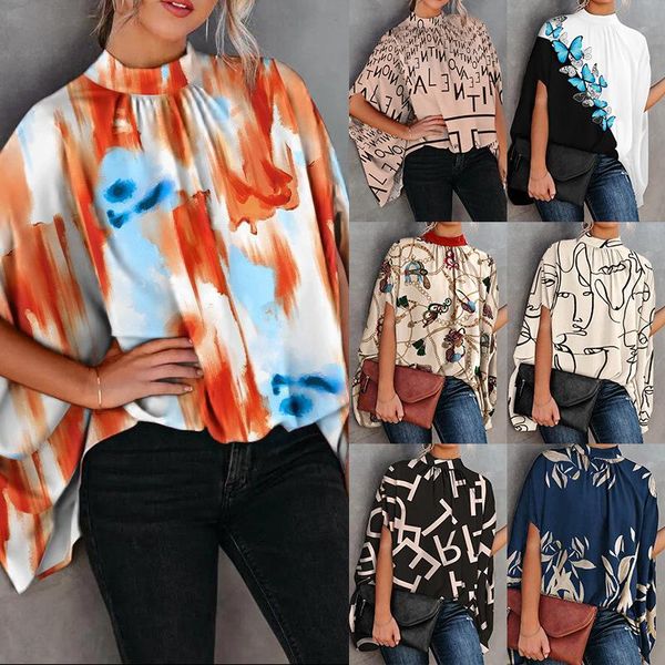 Damen Blusen Shirts Damen T-Shirt Frühling Sommer Mode Lässig Gedruckt Blumen Straße Trend Kurzarm Halb Rollkragen Lose Fledermaus TopW