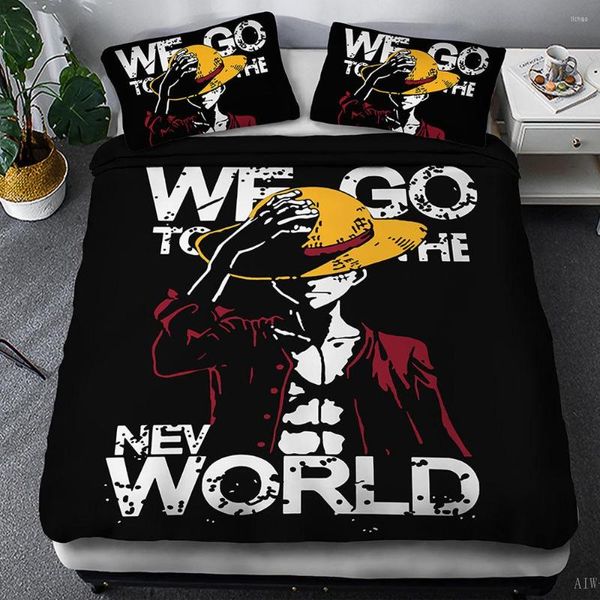 Bettwäsche-Sets ONE PIECE Team Set Cartoon Anime Black Bettbezug für Erwachsene Luffy Zoro Chopper Bed King Size Home Quilt