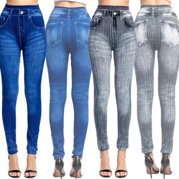 Calças femininas Moda Mulher Ginásse Leggings Imitação Jeans Leggging