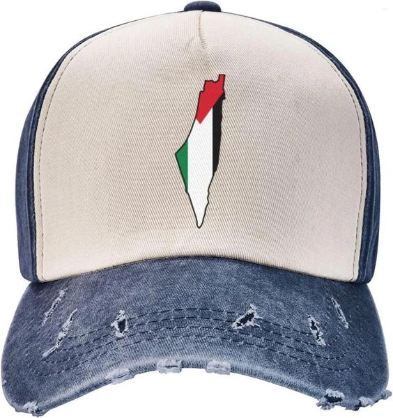 Ball Caps Vintage-Flagge, Karte von Palästina, palästinensische Baseballkappe aus gewaschenem Denim – verstellbare Papa-Mütze für Männer und Frauen