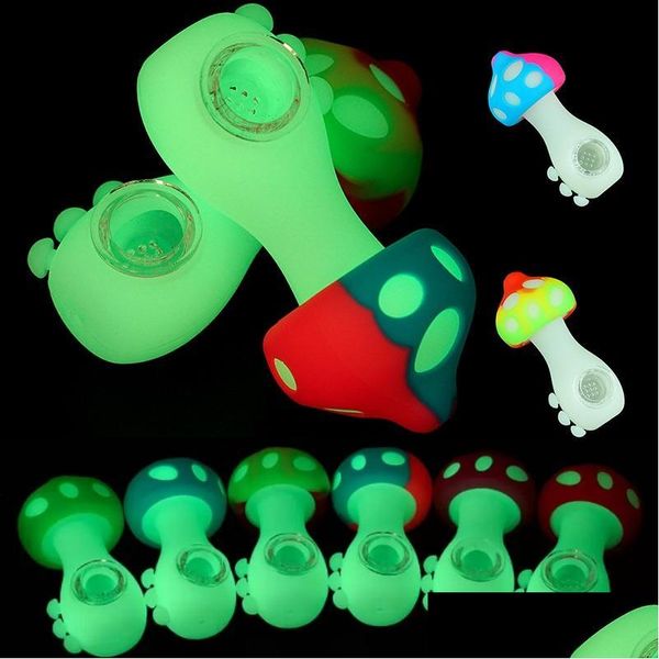 Rauchpfeifen Glow In The Dark Mushroom Pipe 4.3 Dry Herb Tobacco Zubehör mit Glasschale Wasser Bongs Dab Rig Oil Bong Drop Deli Dhibl