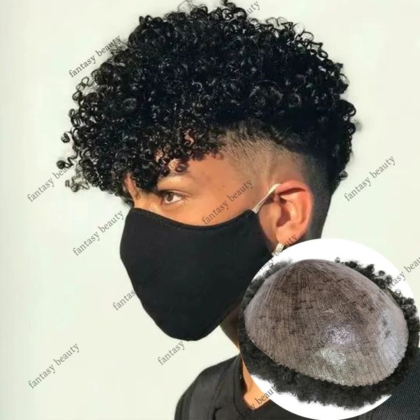 Durable Skin Pu Base Toupets Natrual Black African American Mens Toupee Human Hair Wig Afro Kinky Curly Weave Replacement System for Men