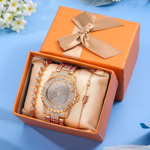 Orologi da polso Orologio da donna in oro rosa Bracciale da donna di lusso Orologi al quarzo Set regalo Orologio da polso con diamanti Elegante Reloj MujerOrologi da polso