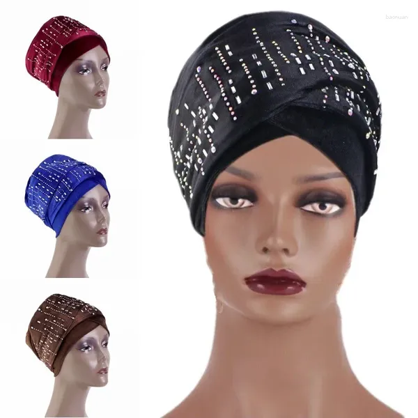 Abbigliamento etnico Ultimo autunno inverno Turbante Strass Velluto Copricapo lungo per le donne Copricapo africano Foulard nigeriano Berretto hijab musulmano