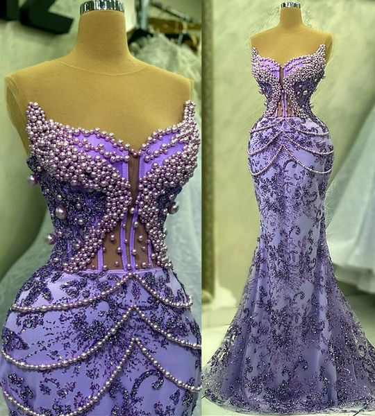 2023 aprile Aso Ebi lavanda abito da ballo a sirena perle paillettes pizzo sera festa formale secondo ricevimento compleanno abiti da fidanzamento abiti Robe De Soiree ZJ5155