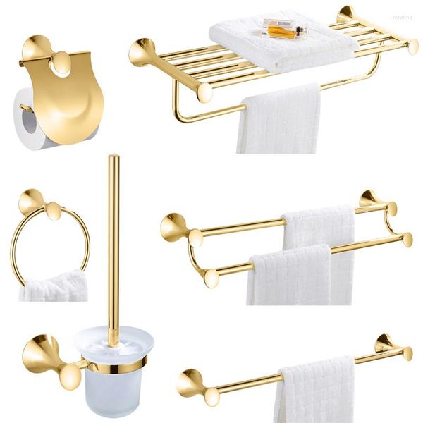 Badzubehör-Set Leyden SUS 304 Edelstahl, Gold-Finish, Papierhalter, Handtuchhalter, Kleiderhaken, Toilettenbürstenring, Badezimmer-Accessoires