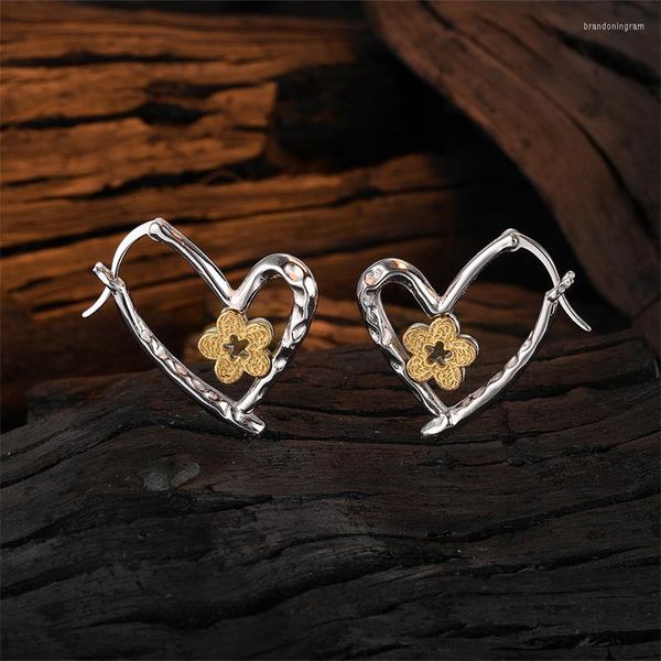 Orecchini a cerchio in argento sterling 925 con fibbia a forma di fiore geometrico a forma di cuore per le donne Accessori di gioielli dal design elegante alla moda