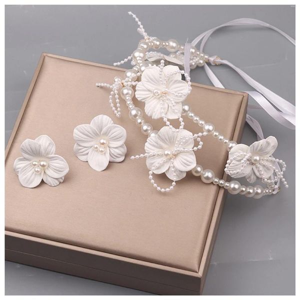 Collana orecchini set gioielli da sposa da sposa per le donne fiore di seta allacciatura capelli viti fascia banchetto mascherata