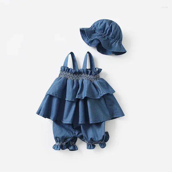 Abiti da ragazza 2 pacchi/set cotone morbido neonate pagliaccetti estivi abito senza maniche denim nato con volant bordo vestiti tuta abiti con cappello