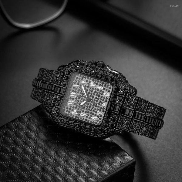 Relógios de pulso Missfox moda legal relógios pretos homens data automática à prova d 'água relógios hip hop gelado diamante quartzo relógio de pulso reloj hombre
