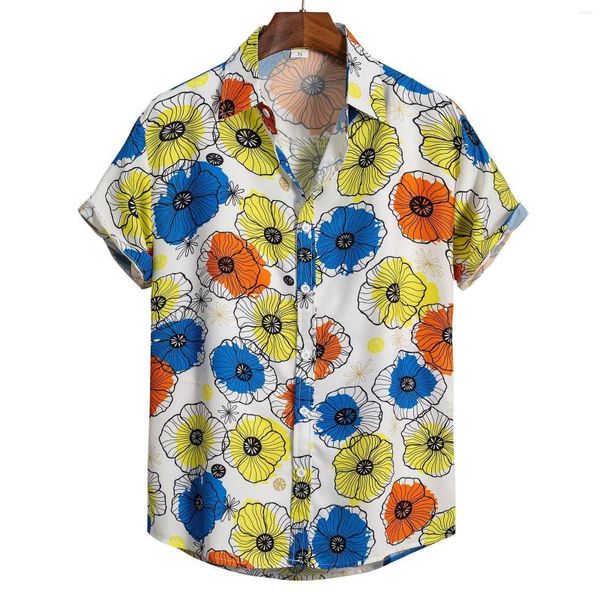 Camisetas masculinas Casual Casual Men's Lapel Print Color Short Button Camisa de areia de areia vintage geométrica Europeia Estilo Americano Praia de Flores